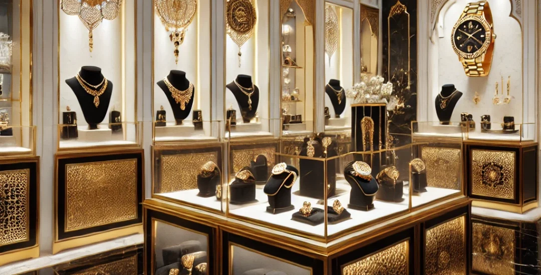 DALL·E 2024-11-24 17.40.41 - A high-quality scene of a luxurious jewelry and watches shop inspired by Arabic and Mediterranean culture. The shop interior features a classic gold,